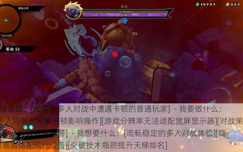 - 我是谁：[经常在多人对战中遭遇卡顿的普通玩家]  - 我要做什么：[多人同屏时频繁卡顿影响操作][游戏分辨率无法适配宽屏显示器][对战策略单一导致胜率停滞]  - 我想要什么：[流畅稳定的多人对战体验][高清画面适配现代设备][突破技术瓶颈提升天梯排名]
